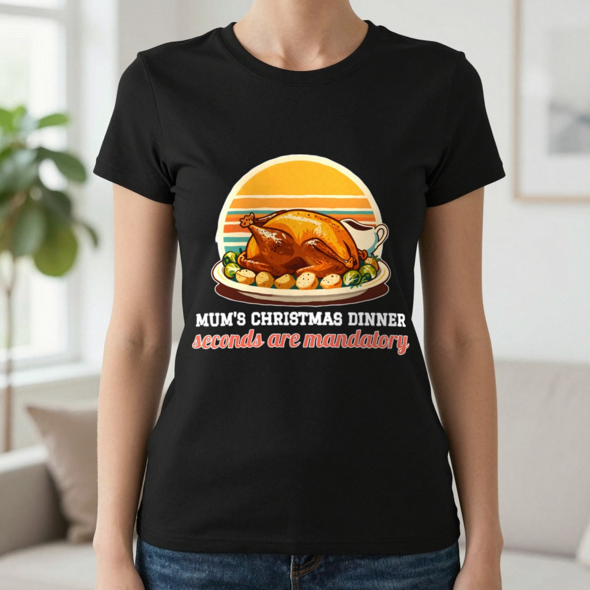 Personalised Christmas Dinner Christmas Jumper & T-Shirt T-Shirt in Black, worn, our photo