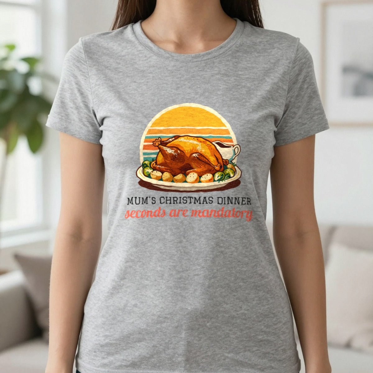 Personalised Christmas Dinner Christmas Jumper & T-Shirt T-Shirt in Sport Grey, worn, our photo