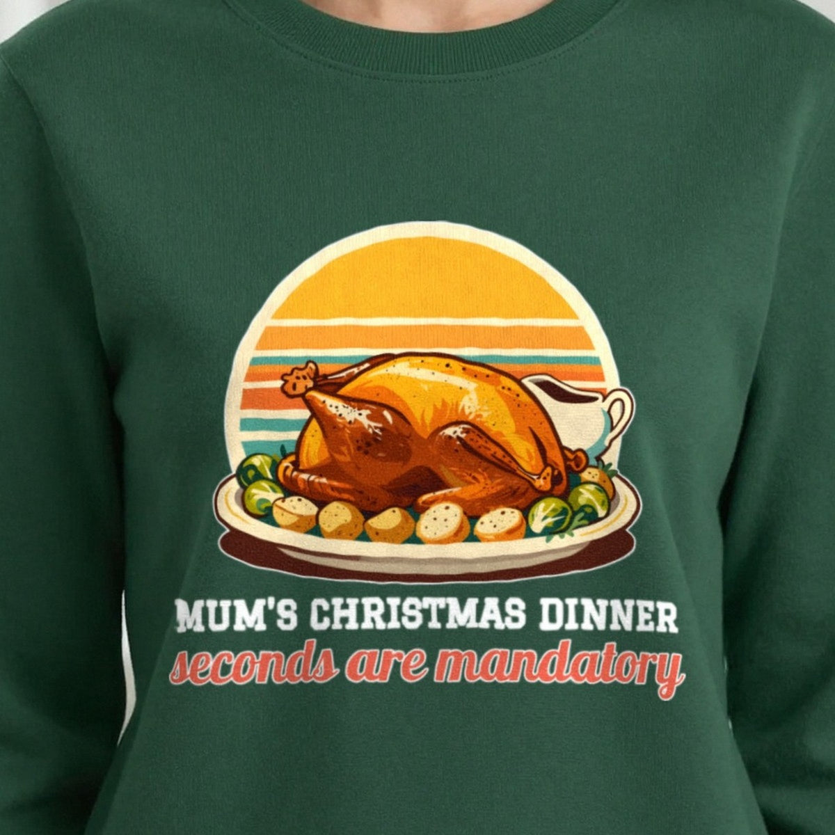 Personalised Christmas Dinner Christmas Jumper & T-Shirt print close-up, our photo