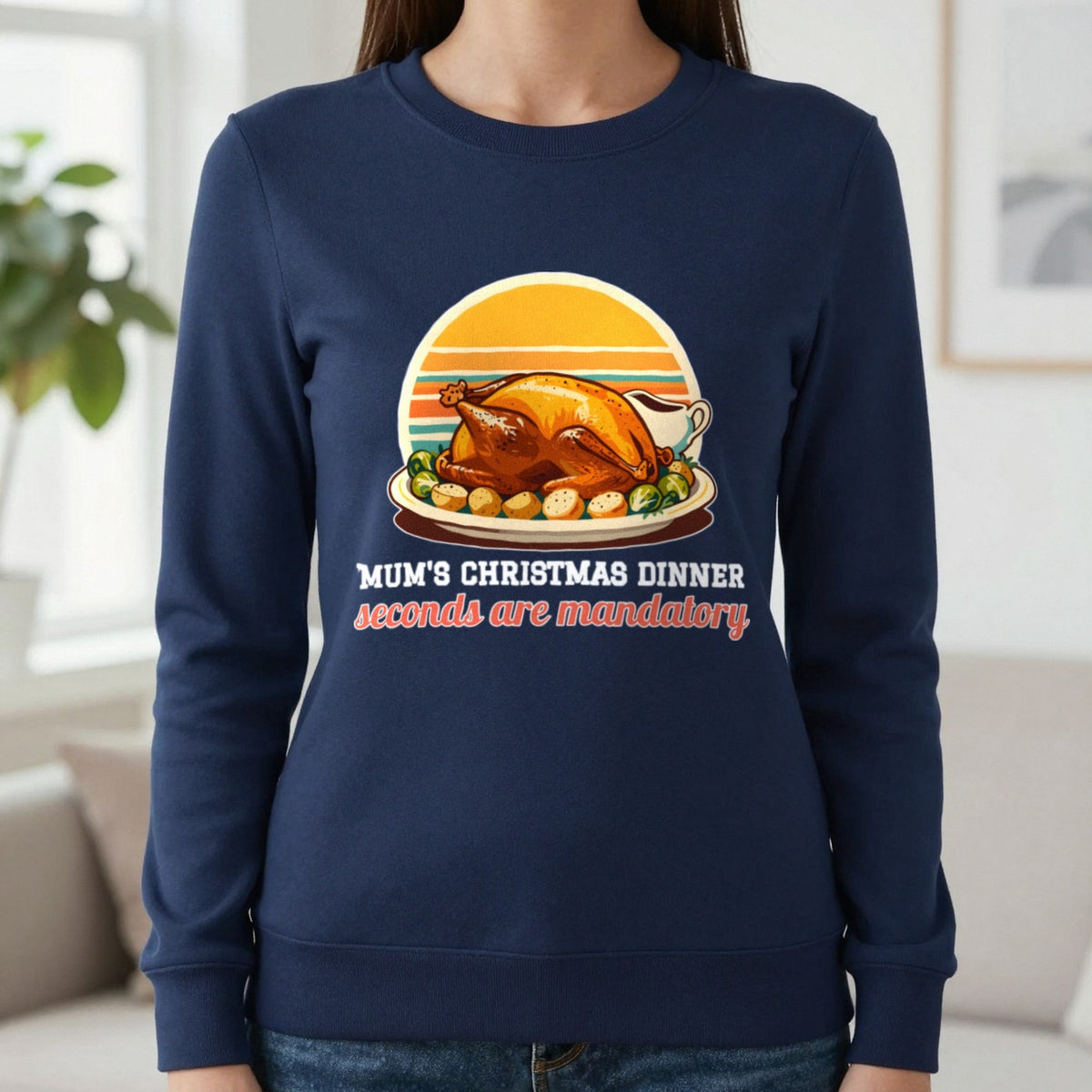 Personalised Christmas Dinner Christmas Jumper & T-Shirt Sweatshirt in Navy, worn, our photo