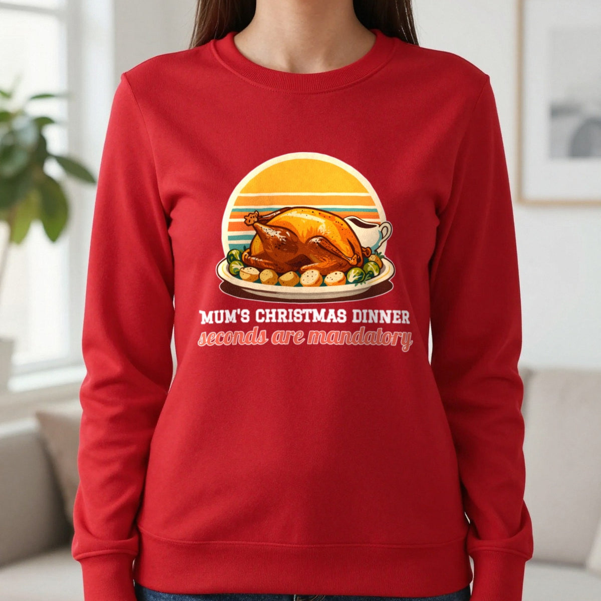Personalised Christmas Dinner Christmas Jumper & T-Shirt Sweatshirt in Red, worn, our photo