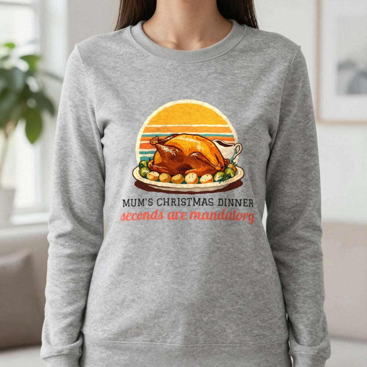 Personalised Christmas Dinner Christmas Jumper & T-Shirt Sweatshirt in Sport Grey, worn, our photo
