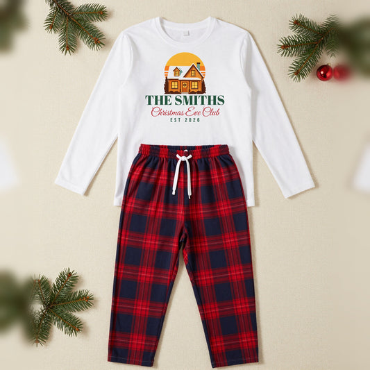 Christmas Eve Club Personalised Matching Family Christmas Pyjamas Set, Adult in White / Red Tartan, our photo