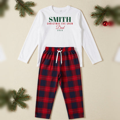 Christmas Eve Crew Personalised Matching Family Christmas Pyjamas Set, Adult in White / Red Tartan, our photo