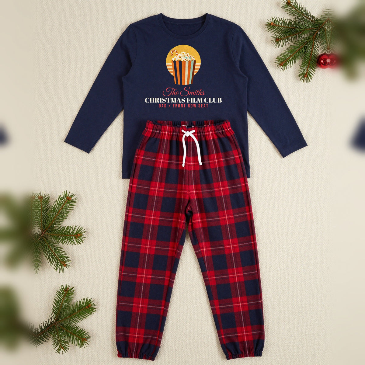 Christmas Film Club Personalised Matching Family Christmas Pyjamas Set, Adult in Navy / Red Tartan, our photo