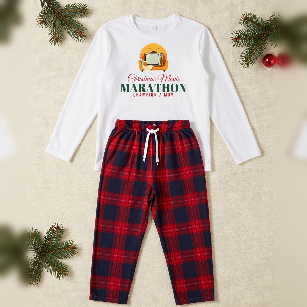 Christmas Movie Marathon Champion Personalised Christmas Pyjamas, Adult in White / Red Tartan, our photo