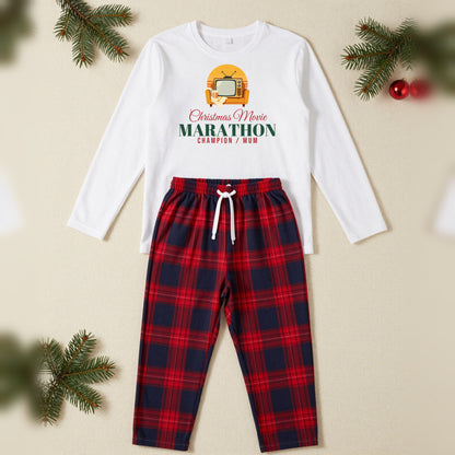 Christmas Movie Marathon Champion Personalised Christmas Pyjamas, Adult in White / Red Tartan, our photo