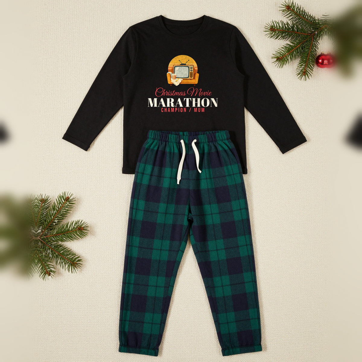 Christmas Movie Marathon Champion Personalised Christmas Pyjamas, Adult in Black / Green Tartan, our photo