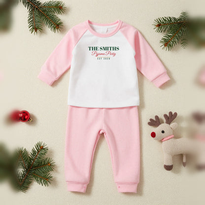 Christmas Pyjama Party Personalised Matching Family Christmas Pyjamas Set, Baby & Toddler in Pink, our photo
