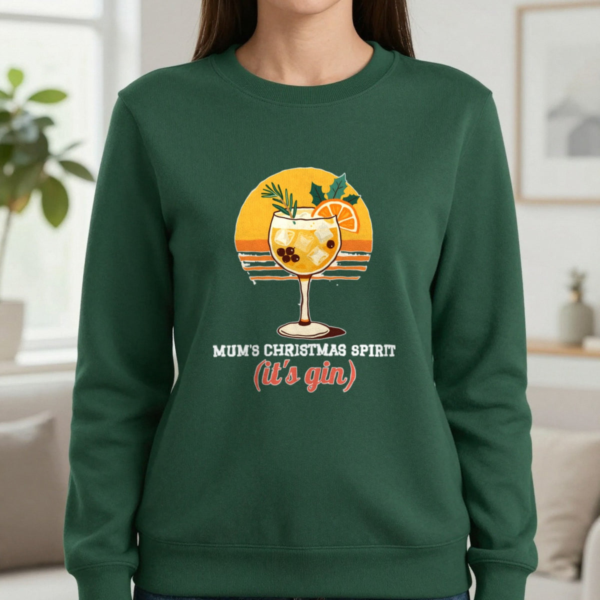 Personalised Christmas Spirit Gin Jumper & T-Shirt Sweatshirt in Forest Green, worn, our photo