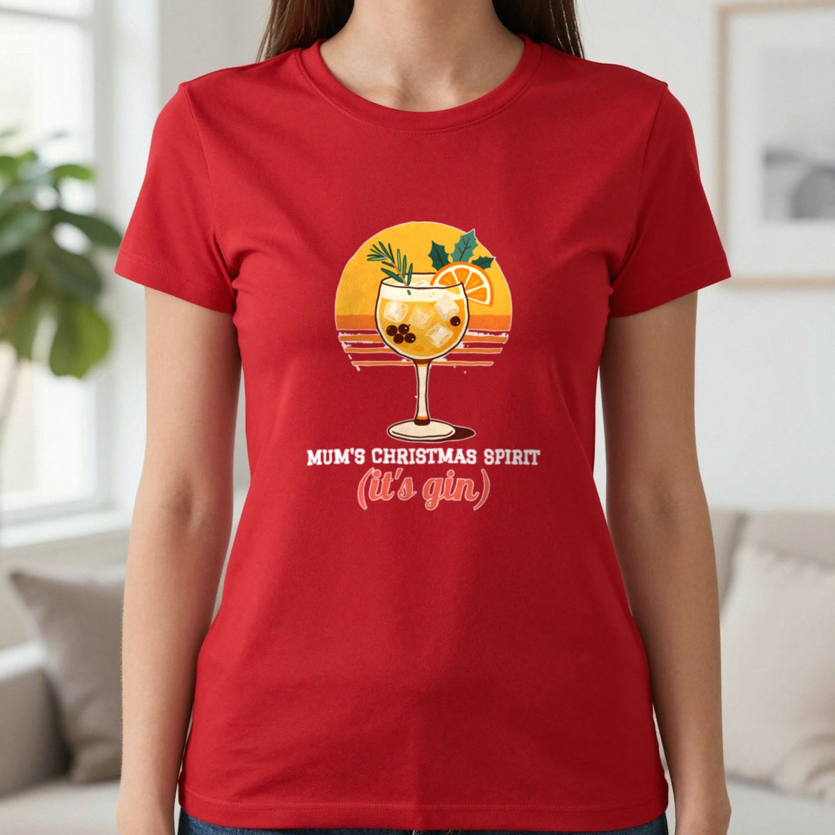 Personalised Christmas Spirit Gin Jumper & T-Shirt T-Shirt in Red, worn, our photo