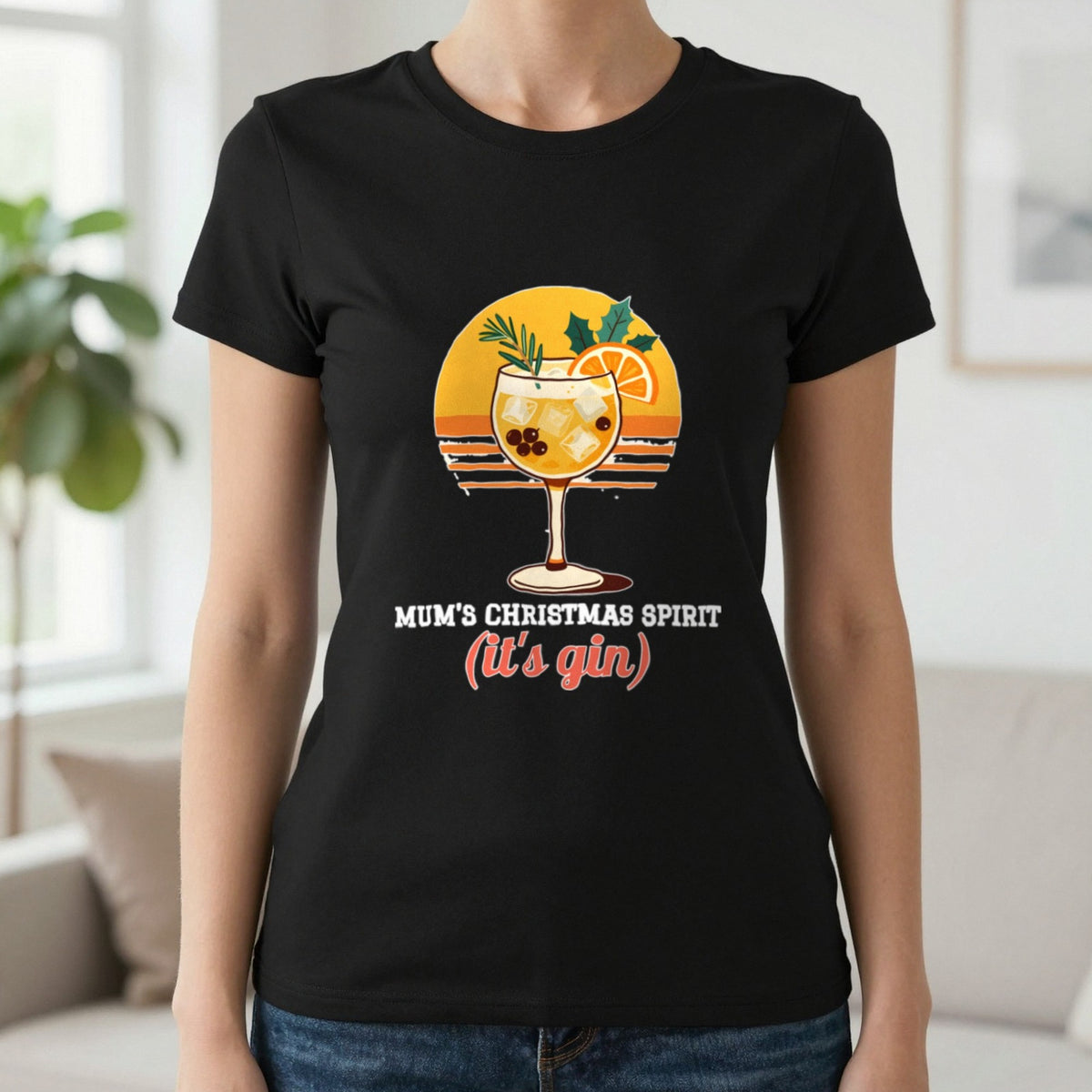 Personalised Christmas Spirit Gin Jumper & T-Shirt T-Shirt in Black, worn, our photo