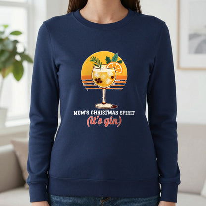 Personalised Christmas Spirit Gin Jumper & T-Shirt Sweatshirt in Navy, worn, our photo