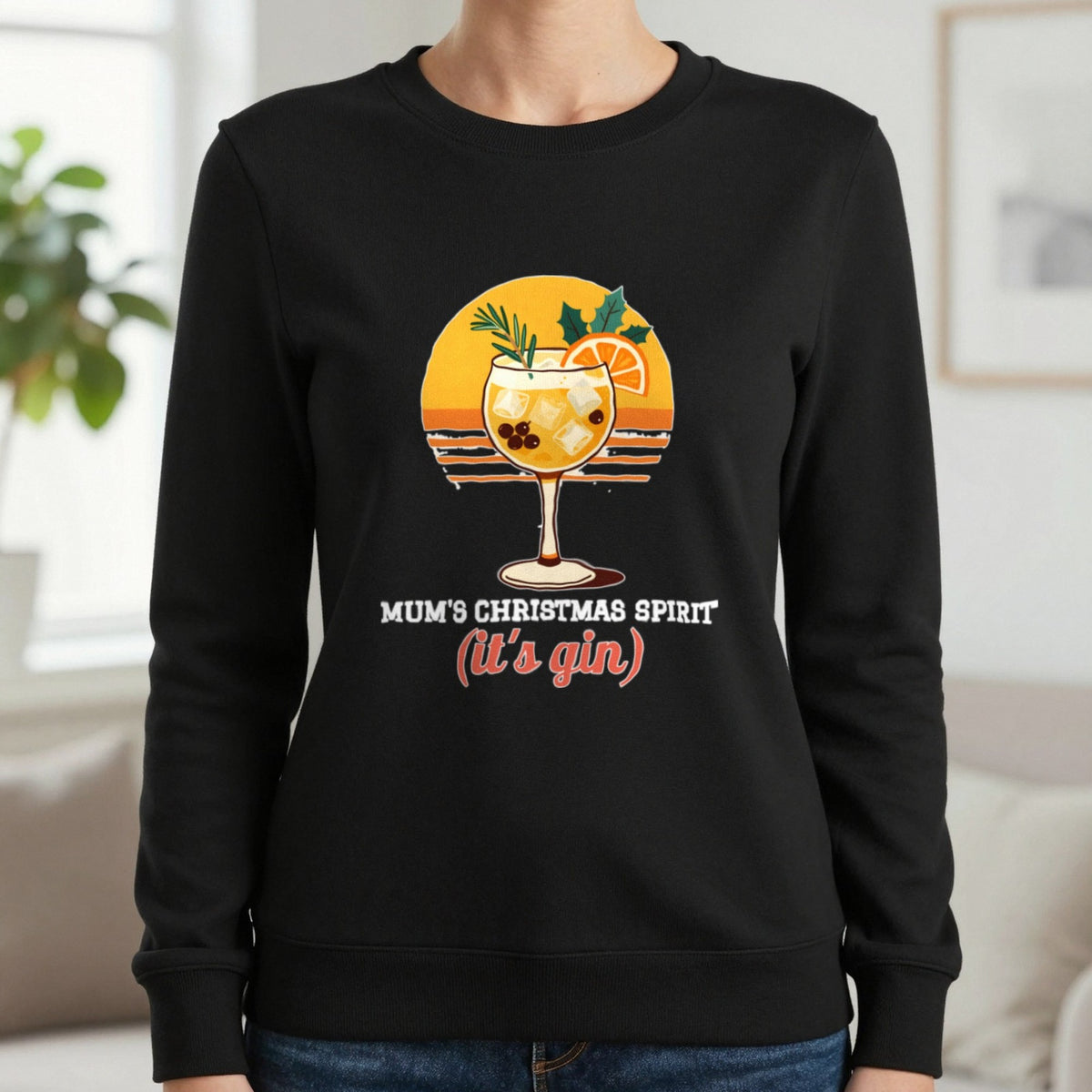 Personalised Christmas Spirit Gin Jumper & T-Shirt Sweatshirt in Black, worn, our photo