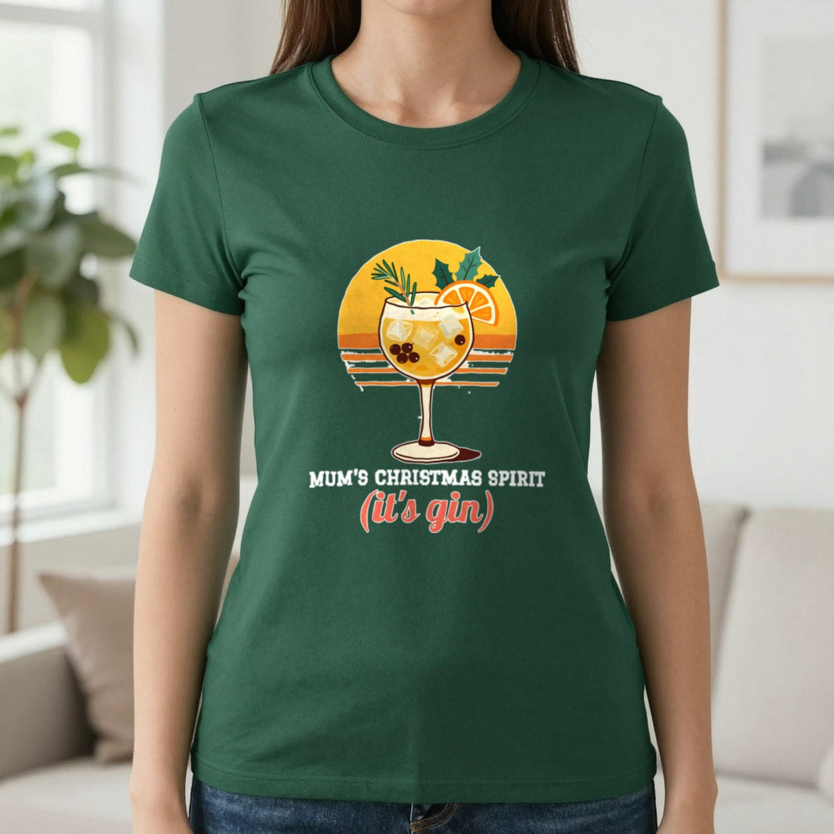 Personalised Christmas Spirit Gin Jumper & T-Shirt T-Shirt in Forest Green, worn, our photo