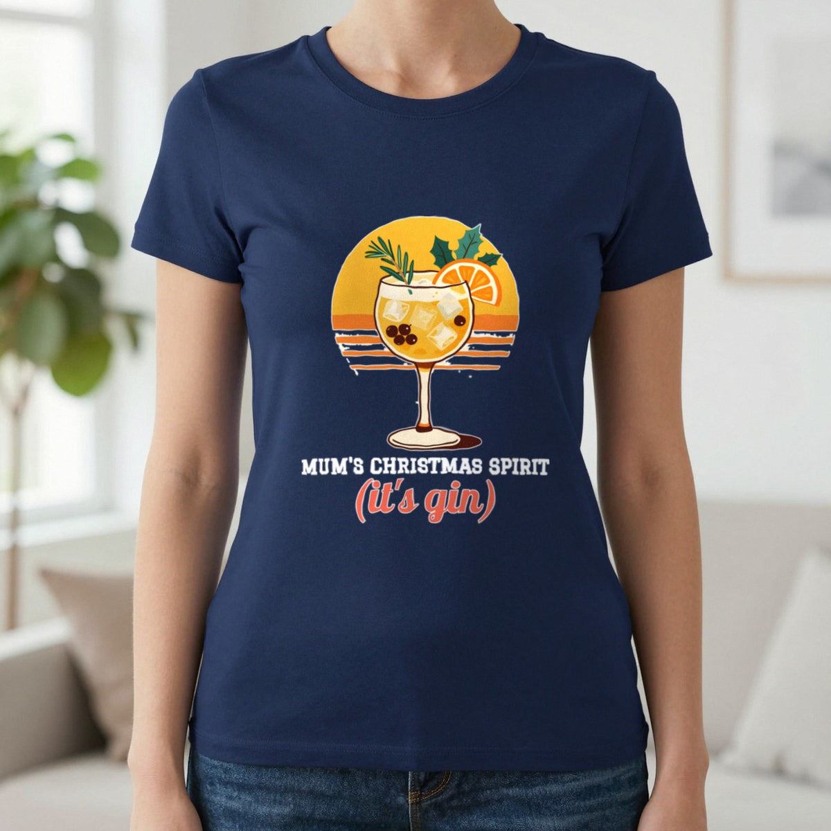 Personalised Christmas Spirit Gin Jumper & T-Shirt T-Shirt in Navy, worn, our photo