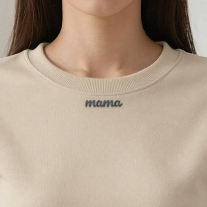 Personalised Collar Embroidered Sweatshirt, Mama or Any Name, worn