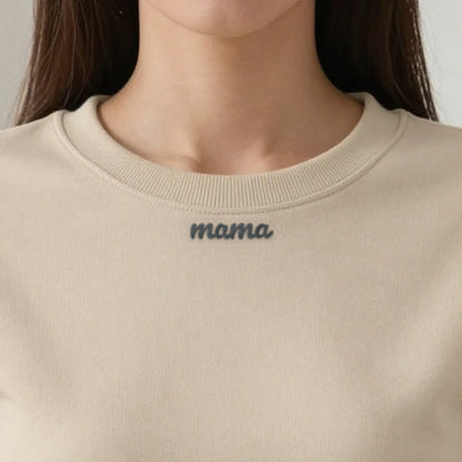Collar Embroidered Sweatshirt, Mama or Any Name, adult sweatshirt in sand, embroidered