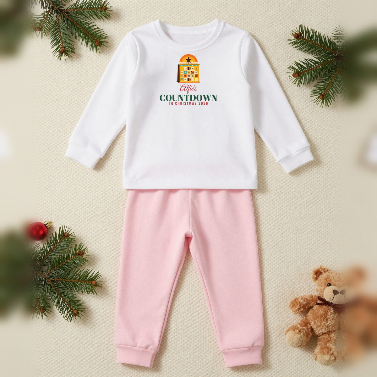 Countdown To Christmas Personalised Kids Christmas Pyjamas, Kids in White / Pink, our photo