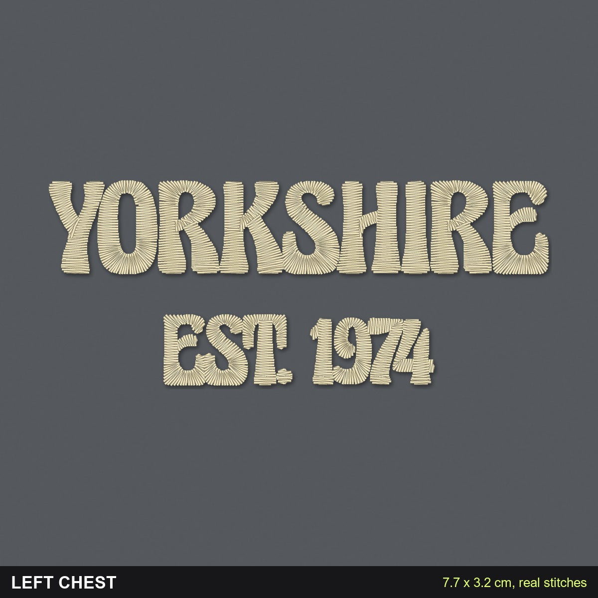 County Est. Sweatshirt: close-up of the real stitches with sizes