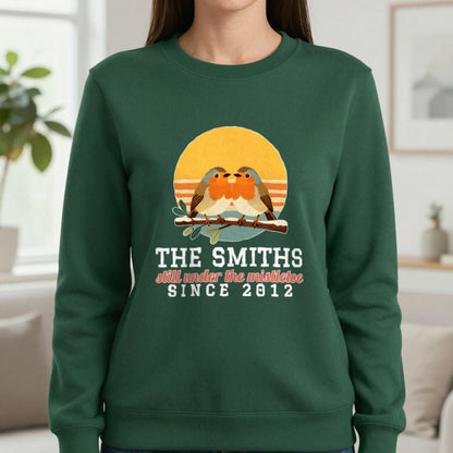 Personalised Couples Mistletoe Christmas Jumper & T-Shirt Sweatshirt in Forest Green, worn, our photo