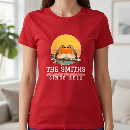 Personalised Couples Mistletoe Christmas Jumper & T-Shirt T-Shirt in Red, worn, our photo