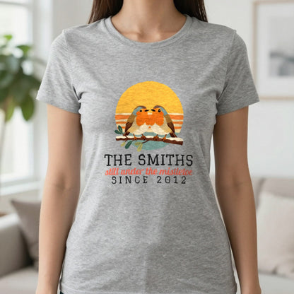 Personalised Couples Mistletoe Christmas Jumper & T-Shirt T-Shirt in Sport Grey, worn, our photo