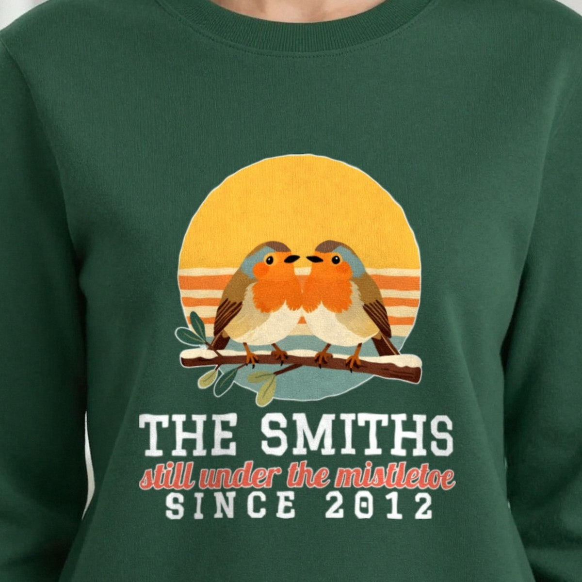 Personalised Couples Mistletoe Christmas Jumper & T-Shirt print close-up, our photo