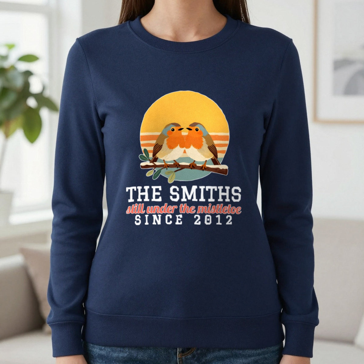 Personalised Couples Mistletoe Christmas Jumper & T-Shirt Sweatshirt in Navy, worn, our photo