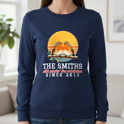 Personalised Couples Mistletoe Christmas Jumper & T-Shirt Sweatshirt in Navy, worn, our photo