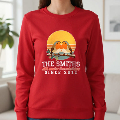 Personalised Couples Mistletoe Christmas Jumper & T-Shirt Sweatshirt in Red, worn, our photo