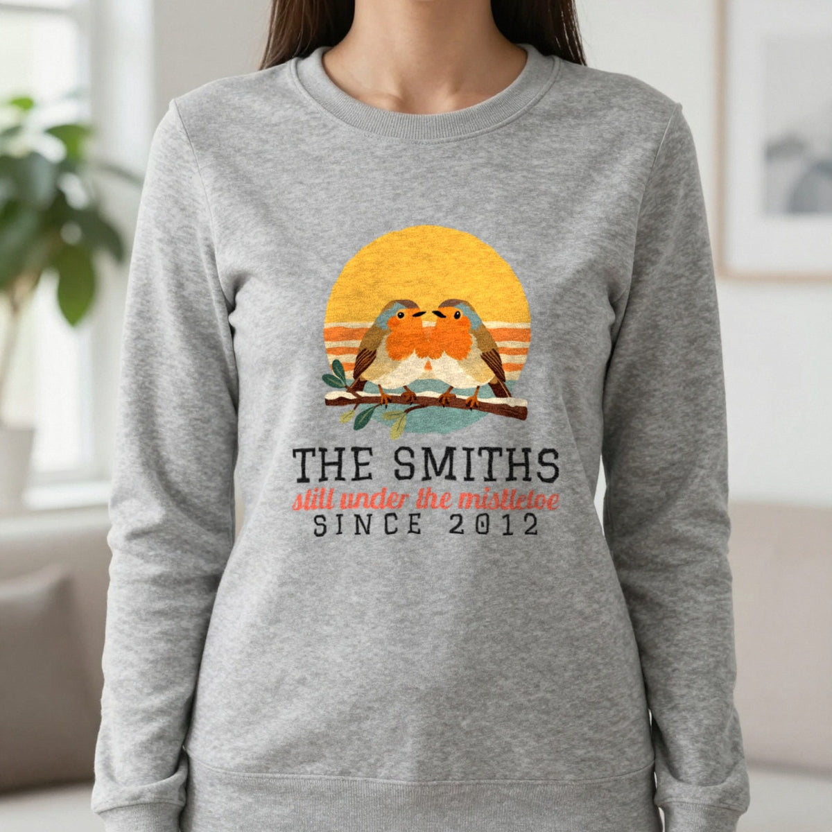 Personalised Couples Mistletoe Christmas Jumper & T-Shirt Sweatshirt in Sport Grey, worn, our photo