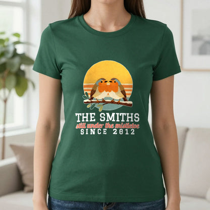 Personalised Couples Mistletoe Christmas Jumper & T-Shirt T-Shirt in Forest Green, worn, our photo