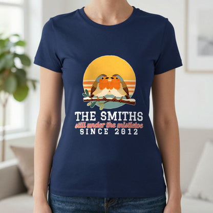 Personalised Couples Mistletoe Christmas Jumper & T-Shirt T-Shirt in Navy, worn, our photo