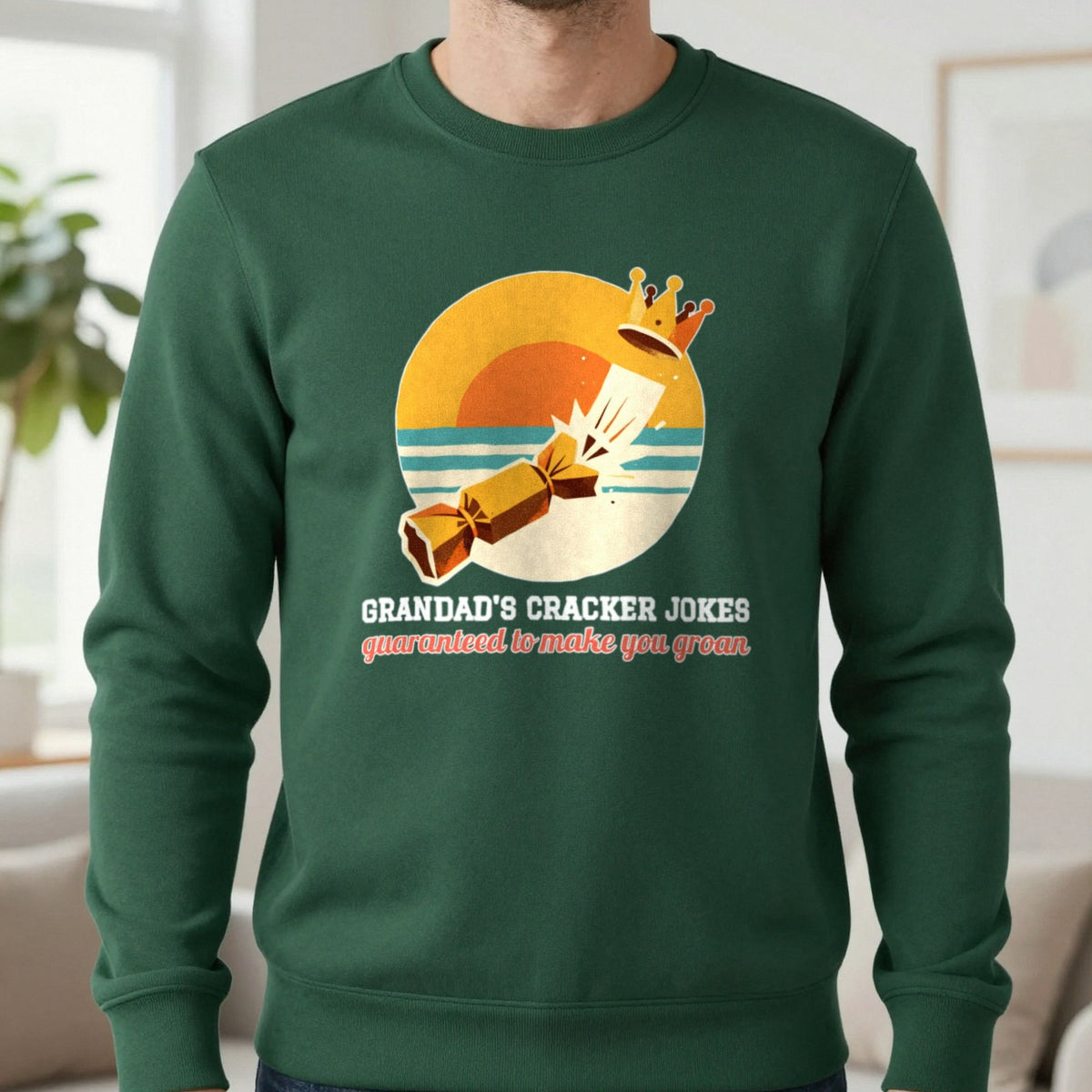 Personalised Cracker Jokes Christmas Jumper & T-Shirt Sweatshirt in Forest Green, worn, our photo