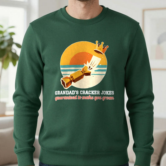 Personalised Cracker Jokes Christmas Jumper & T-Shirt Sweatshirt in Forest Green, worn, our photo