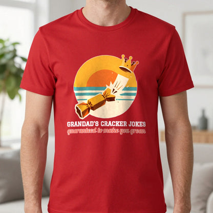 Personalised Cracker Jokes Christmas Jumper & T-Shirt T-Shirt in Red, worn, our photo