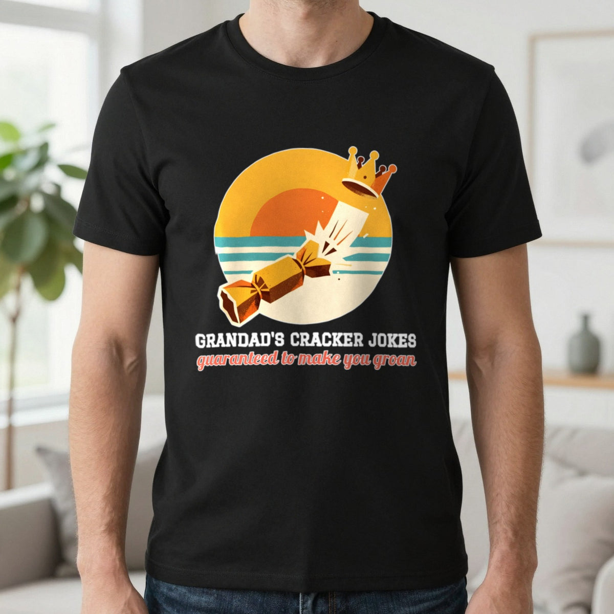 Personalised Cracker Jokes Christmas Jumper & T-Shirt T-Shirt in Black, worn, our photo