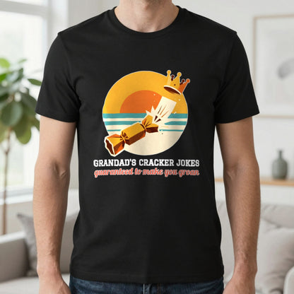 Personalised Cracker Jokes Christmas Jumper & T-Shirt T-Shirt in Black, worn, our photo