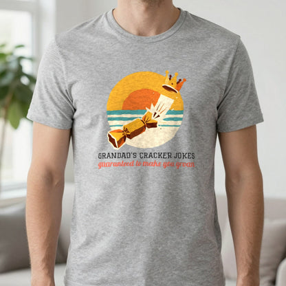 Personalised Cracker Jokes Christmas Jumper & T-Shirt T-Shirt in Sport Grey, worn, our photo