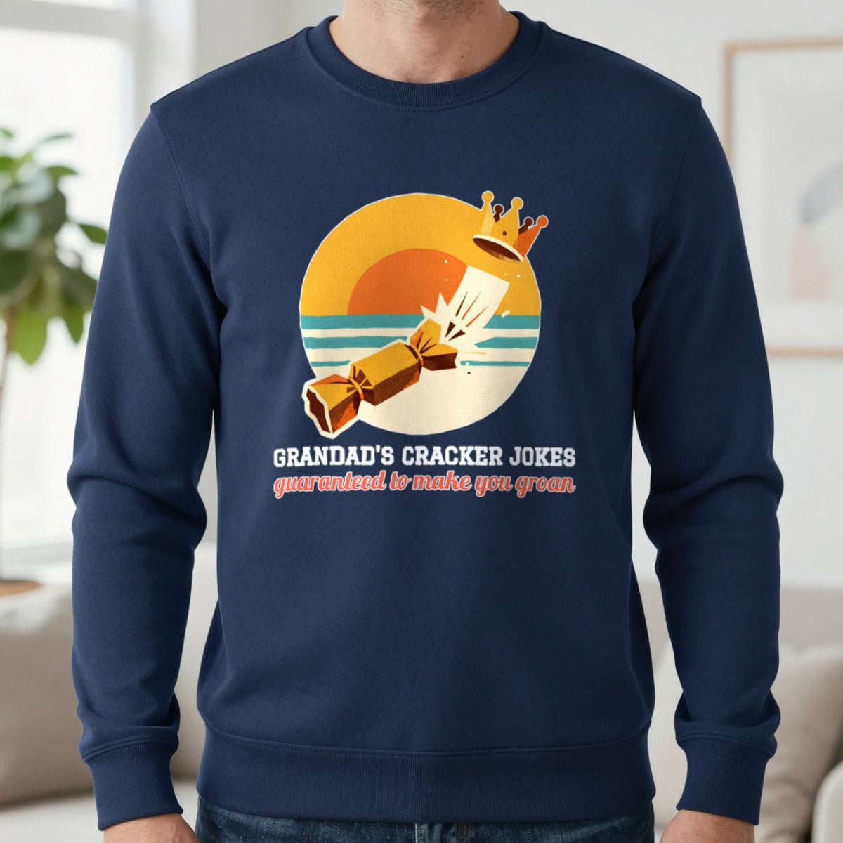 Personalised Cracker Jokes Christmas Jumper & T-Shirt Sweatshirt in Navy, worn, our photo