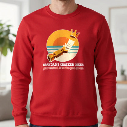 Personalised Cracker Jokes Christmas Jumper & T-Shirt Sweatshirt in Red, worn, our photo