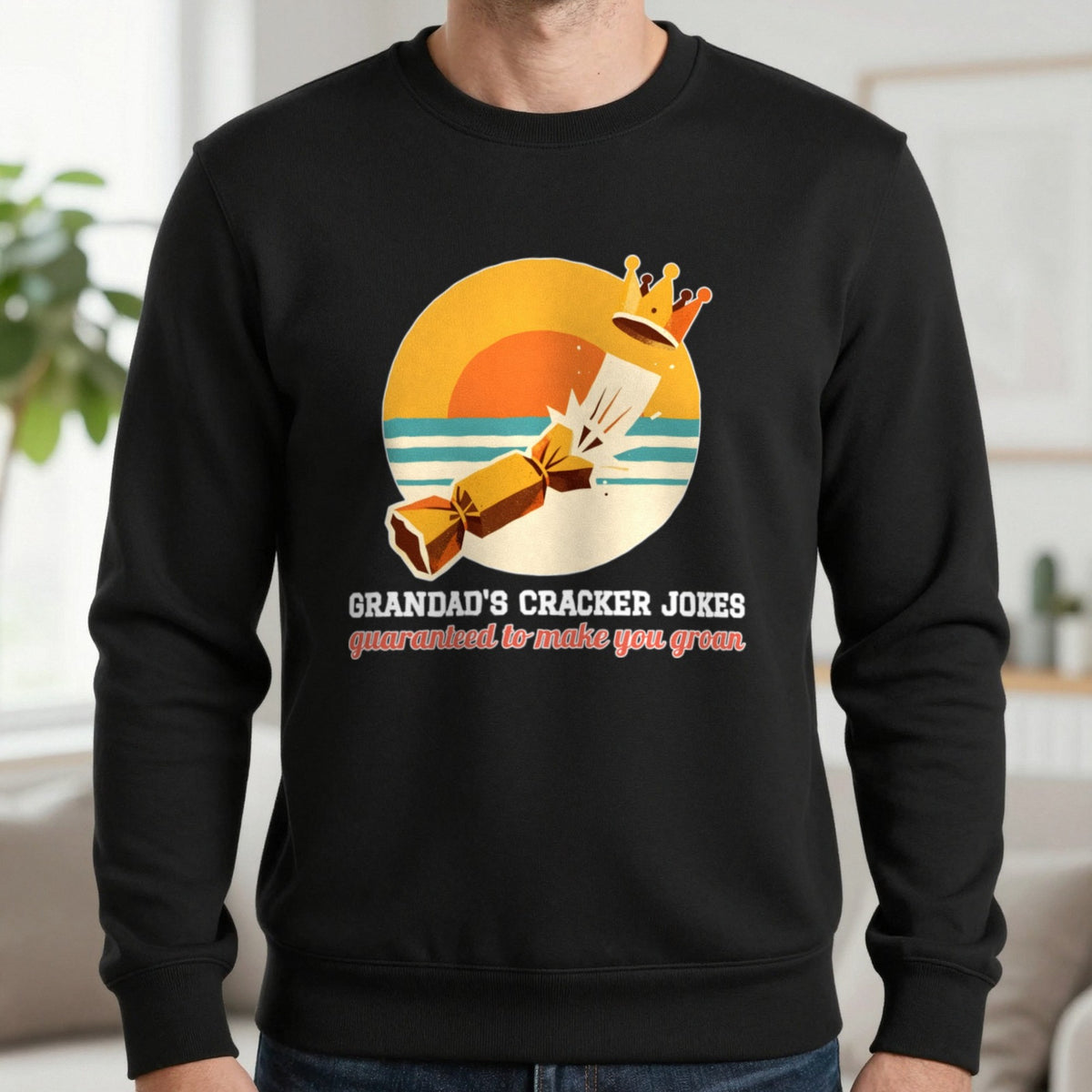 Personalised Cracker Jokes Christmas Jumper & T-Shirt Sweatshirt in Black, worn, our photo