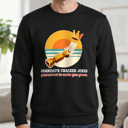 Personalised Cracker Jokes Christmas Jumper & T-Shirt Sweatshirt in Black, worn, our photo