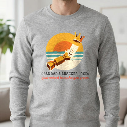 Personalised Cracker Jokes Christmas Jumper & T-Shirt Sweatshirt in Sport Grey, worn, our photo