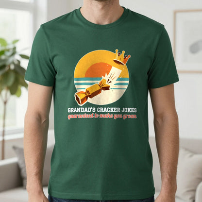Personalised Cracker Jokes Christmas Jumper & T-Shirt T-Shirt in Forest Green, worn, our photo