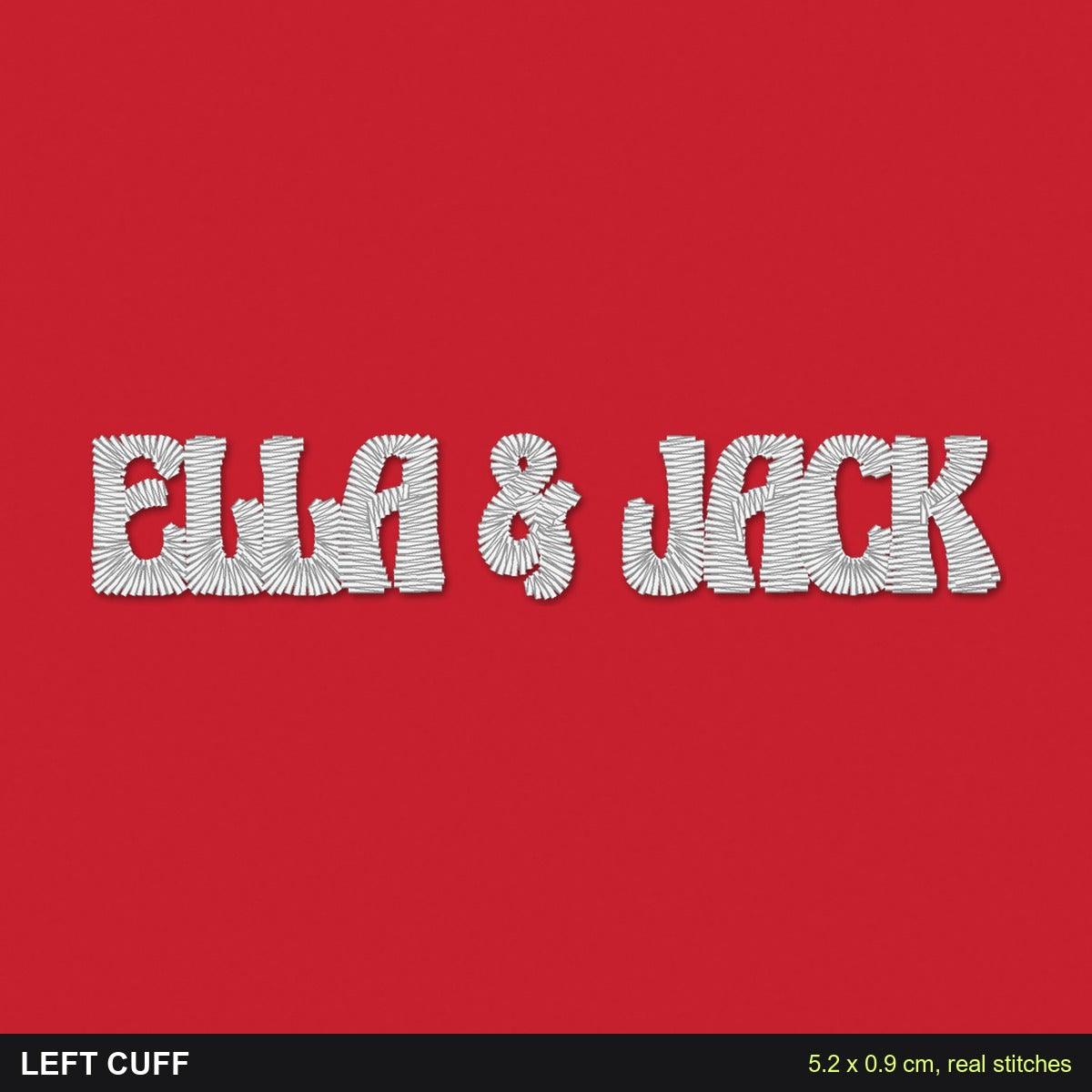 Cuff Embroidered Sweatshirt with Names: close-up of the real stitches with sizes