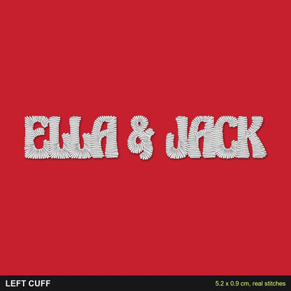 Cuff Embroidered Sweatshirt with Names: close-up of the real stitches with sizes