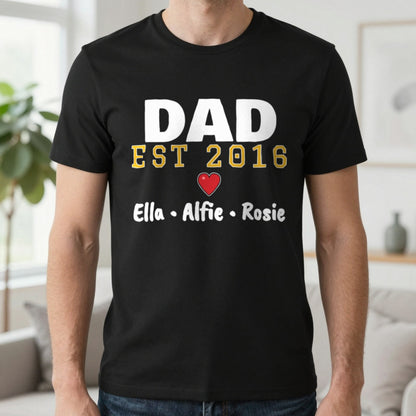 Personalised Dad Est. T-Shirt With Kids Names T-Shirt in Black, worn, our photo