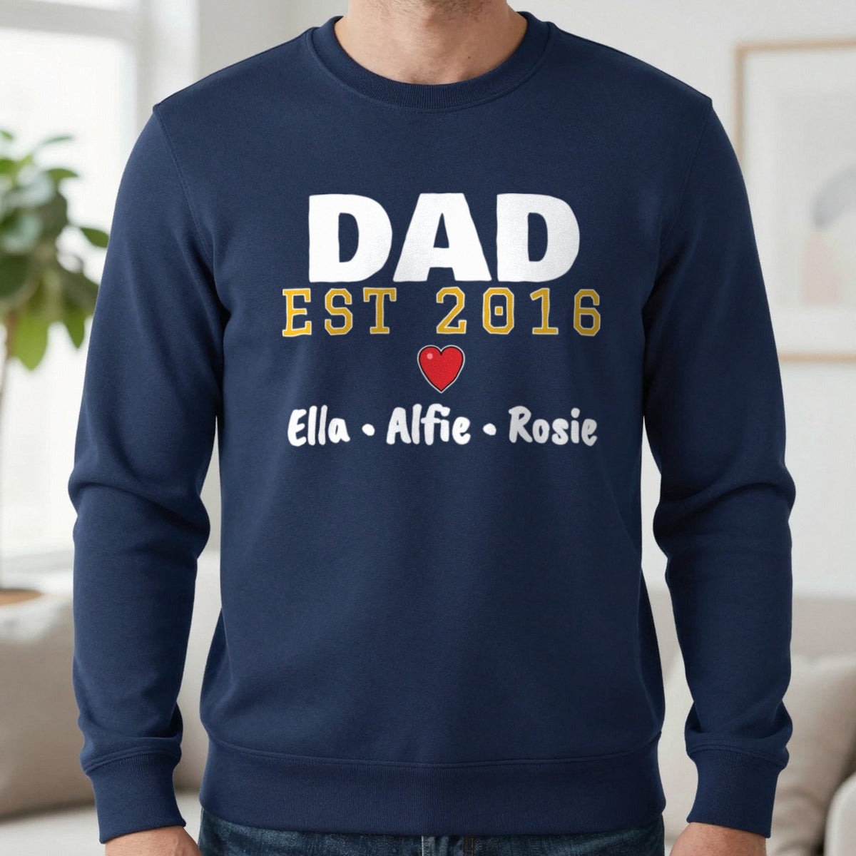 Personalised Dad Est. T-Shirt With Kids Names Sweatshirt in Navy, worn, our photo